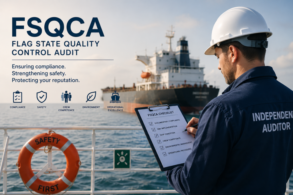 Independent maritime auditor performing a Flag State Quality Control Audit (FSQCA) onboard a commercial vessel to verify safety, ISM compliance, and operational standards.