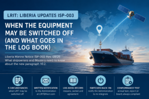 Liberia LRIT ISP-003 update showing a cargo ship, satellite tracking and LRIT compliance requirements.